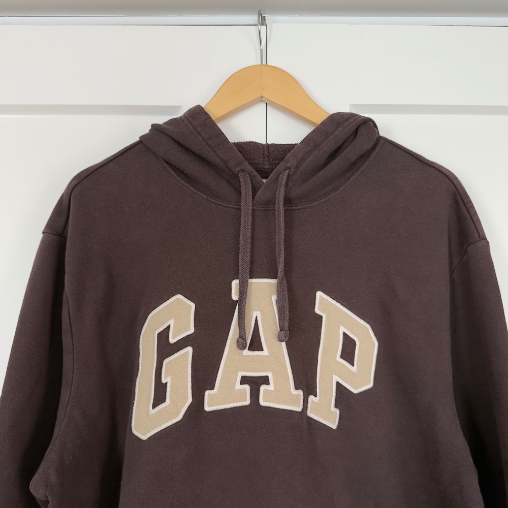 Mens Gap Hooded Sweatshirt XL Brown Y2K Spellout Logo Fleece Hoodie